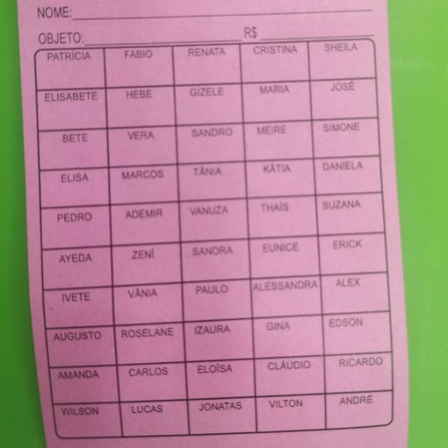 Cartela de sorteio da Clara